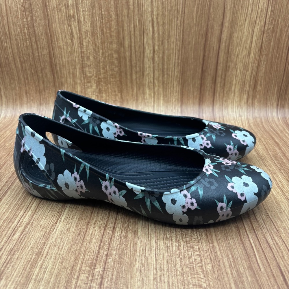 Crocs Kadee Ballet Flats Black Floral Women Size 9 Slip On Shoes Comfort Casual